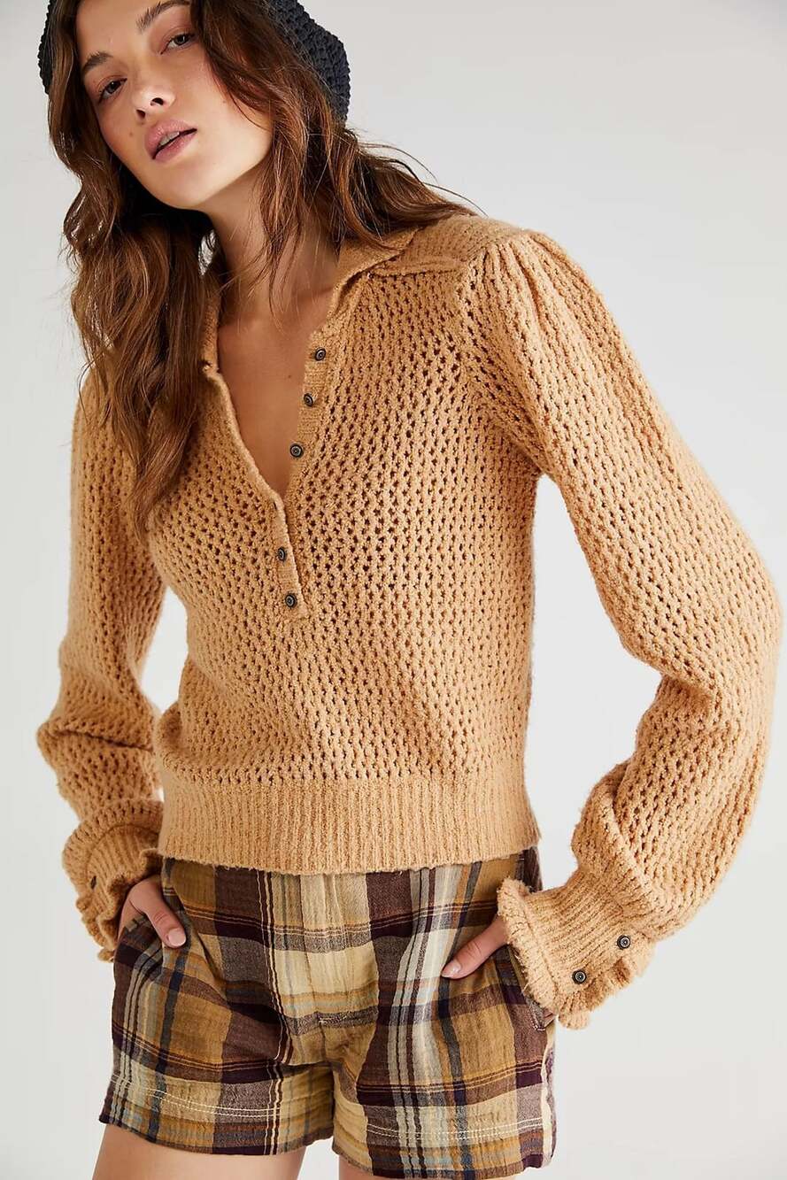 Free People We The Free Snowdrift Pullover Sweater Camel Heather Size L NWT
